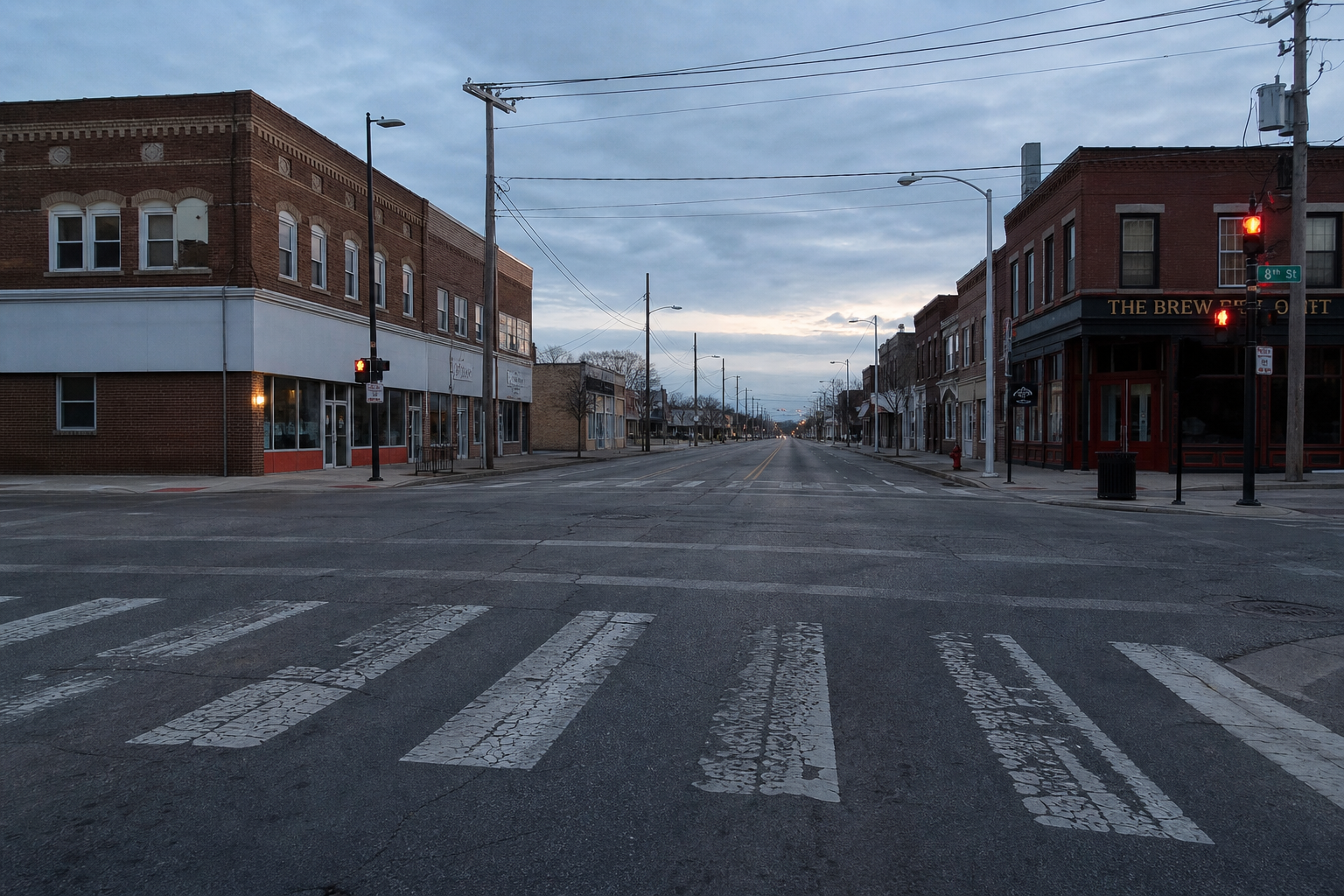 Empty intersection resembling South Main Street and Lusher Avenue in Elkhart, Indiana, the reported site of a fatal pedestrian hit-and-run crash