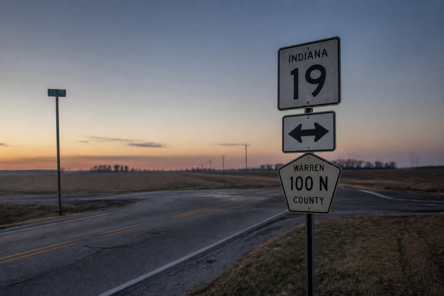 County road marker near the U.S. 24 and Logansport Road intersection in Cass County, Indiana, near the site of an August 2026 wrong-way crash