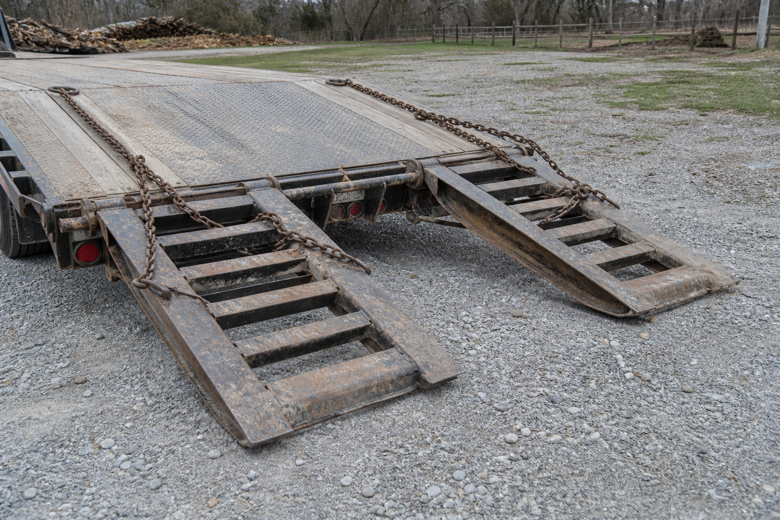 Tandem-axle equipment trailer tie-down chains and hardware, illustrating load securement issues relevant to a Cass County, Indiana crash