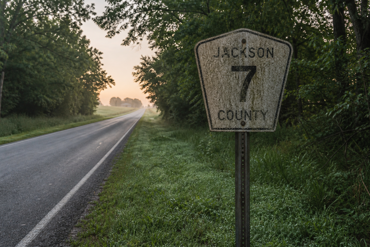 Narrow rural roadway sign near Leavenworth, Indiana, illustrating the type of county road where the fatal crash occurred