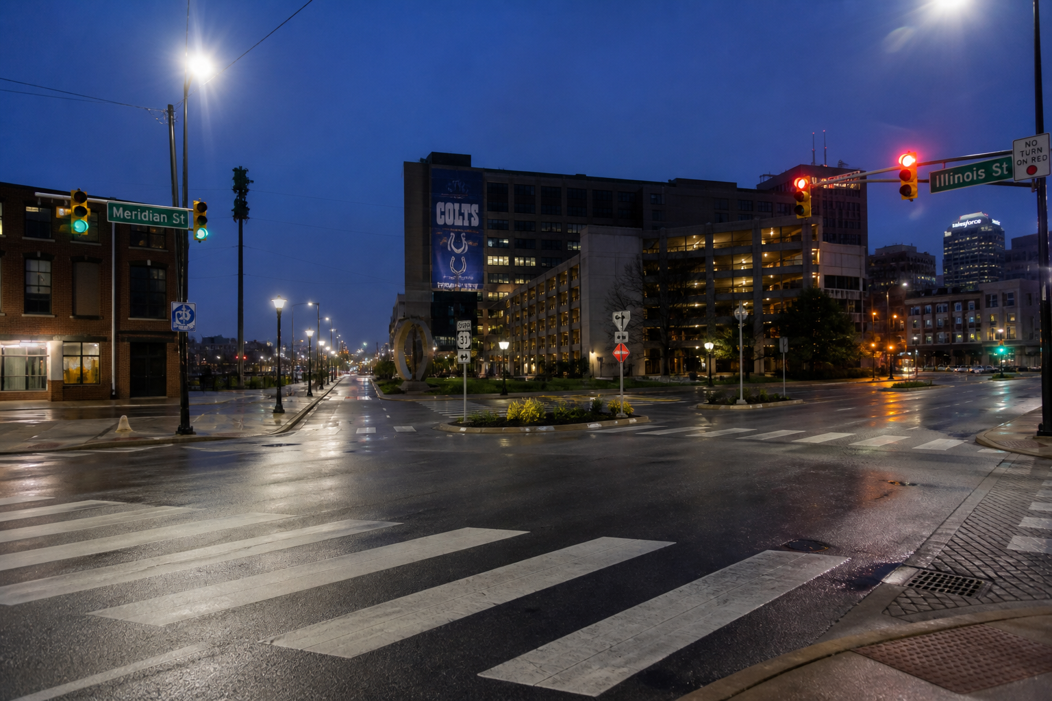 Evening roadway and intersection sightlines in northwest Indianapolis relevant to the Georgetown Road motorcycle crash investigation.