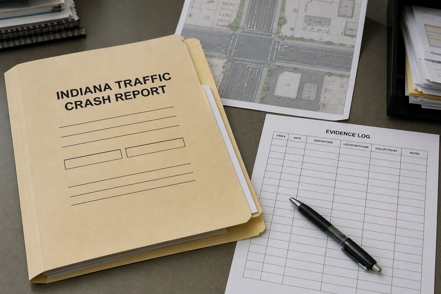Generic Indiana crash investigation records illustrating the evidence and reports that may matter after an Indianapolis motorcycle collision.