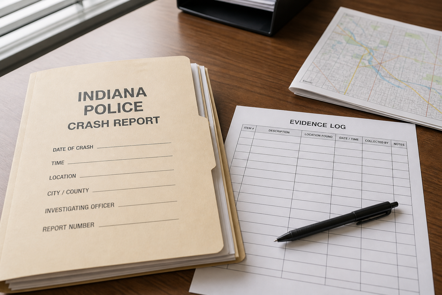 Crash-report and evidence-preservation materials illustrating the Fort Wayne investigation into the West Jefferson Boulevard motorcycle crash.