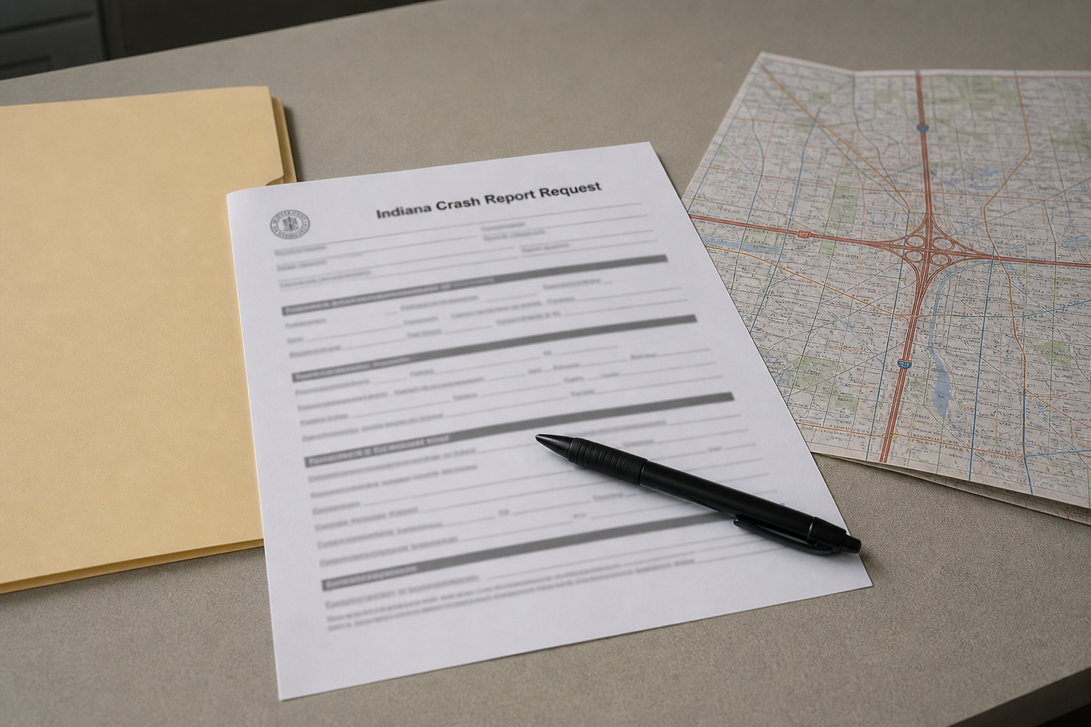 Crash-report paperwork and an intersection map representing the evidence reviewed after a fatal collision in Johnson County, Indiana.