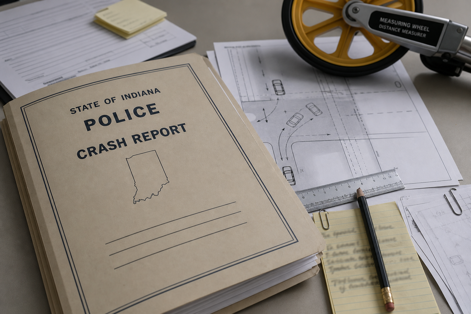 Crash reconstruction documents and evidence tools illustrating the investigation of the Evansville motorcycle collision.
