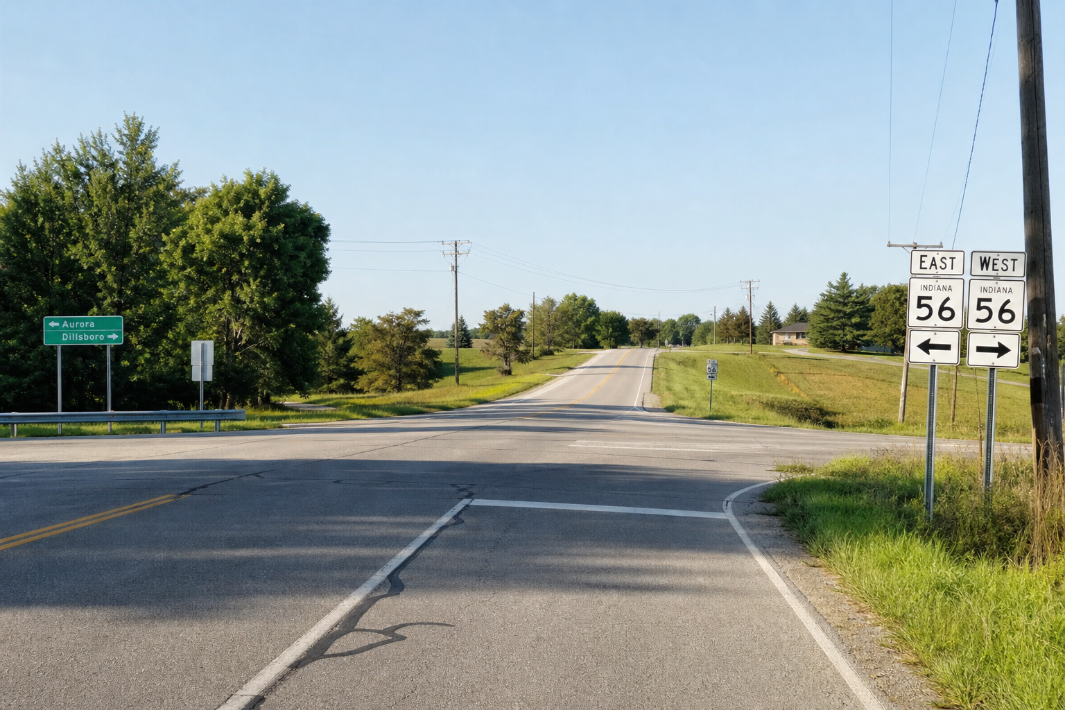 Wide view of a state highway intersection near Aurora in Dearborn County, illustrating roadway sightlines relevant to the State Road 350 crash.