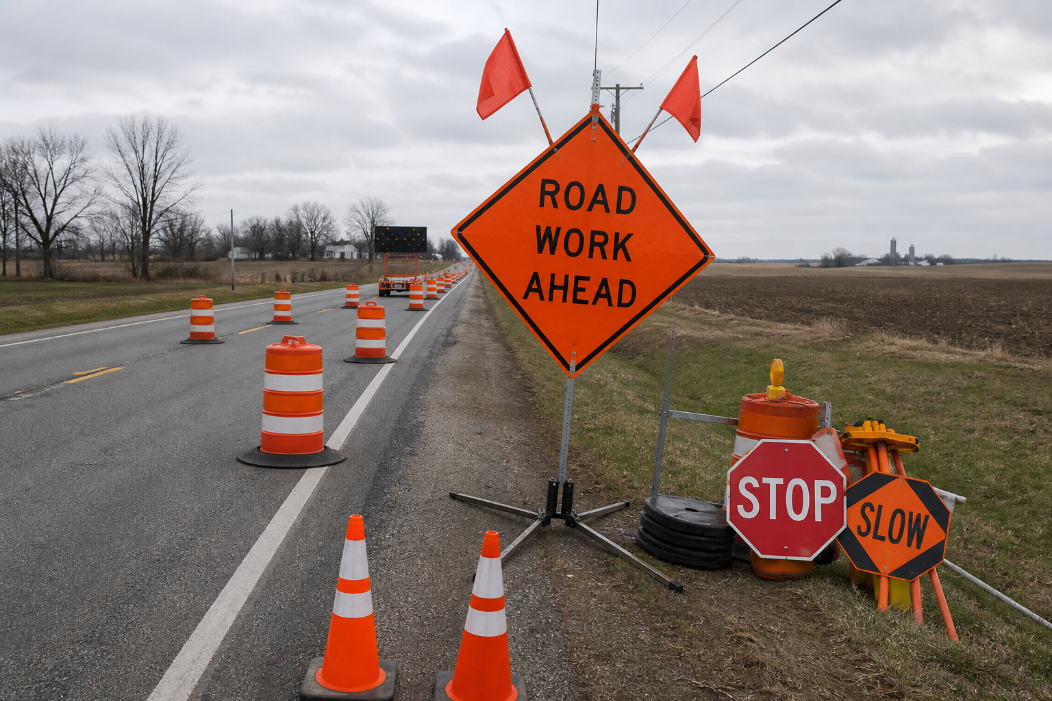 Highway work-zone traffic-control equipment illustrating the signage and flagging evidence that may matter after an Indiana construction-zone collision.
