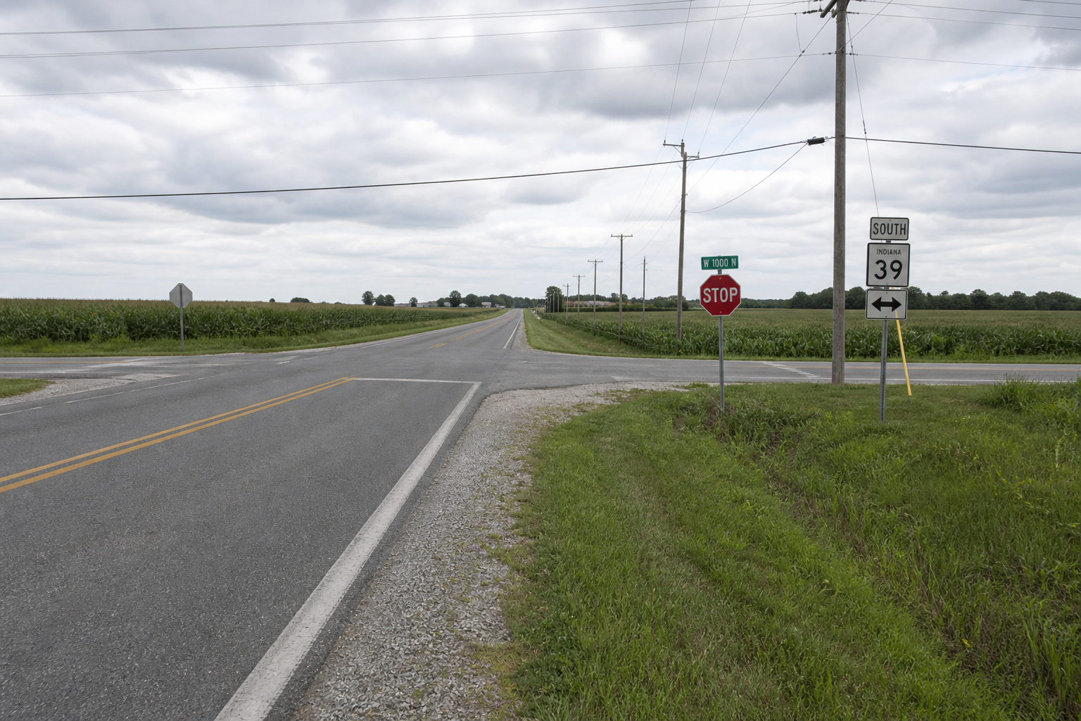 A rural two-lane highway intersection in Bartholomew County illustrating the roadway setting of the SR-46 crash investigation.