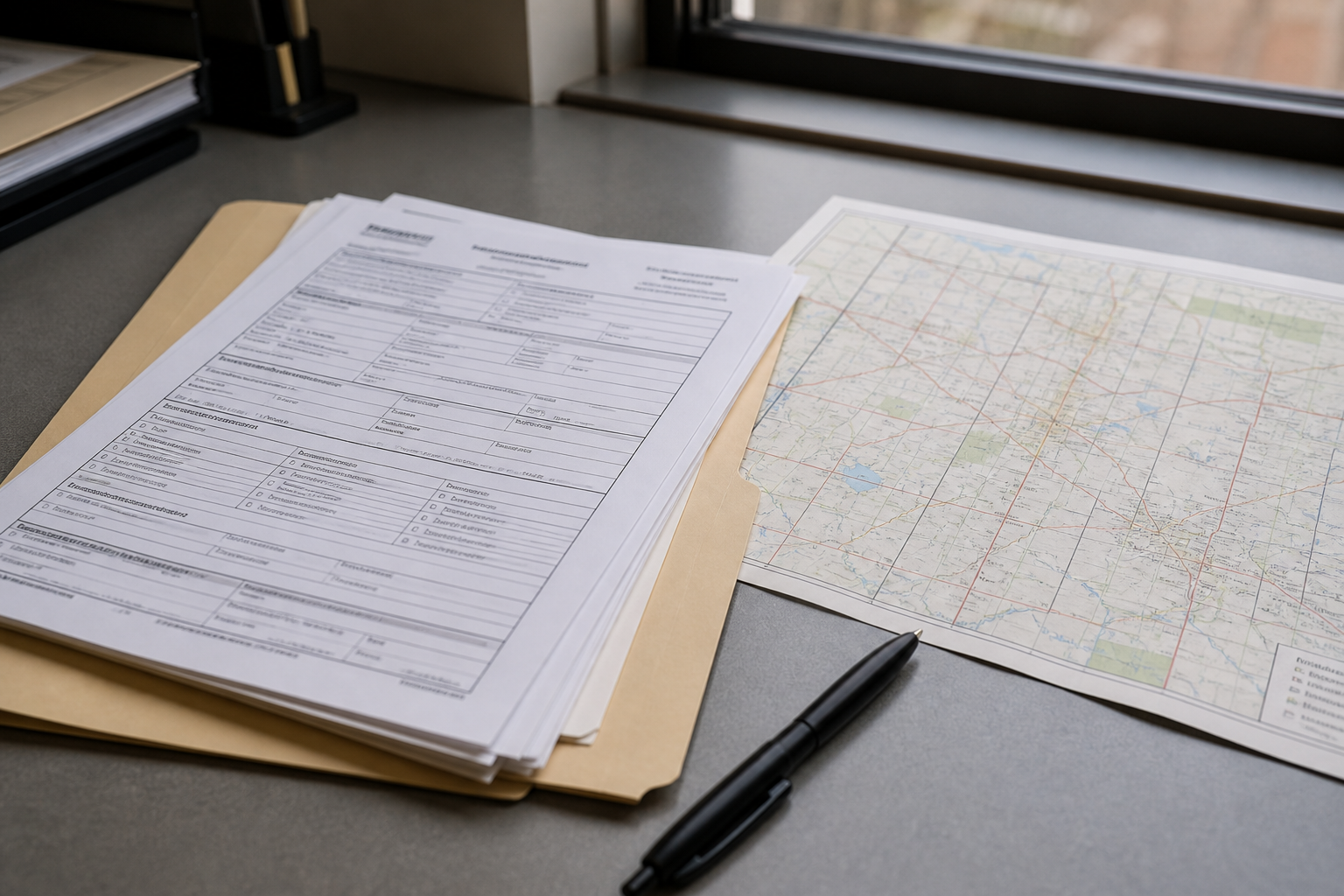 Public-records paperwork and a Bartholomew County map representing evidence and records used in a fatal crash investigation.