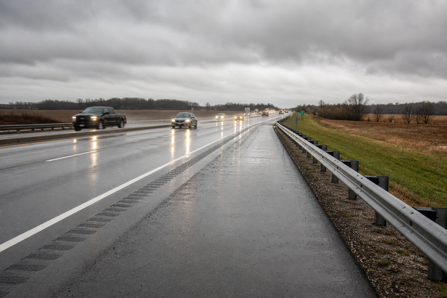 Rain-darkened pavement along Interstate 65 in Boone County illustrates the weather conditions investigators said likely contributed to the crash.