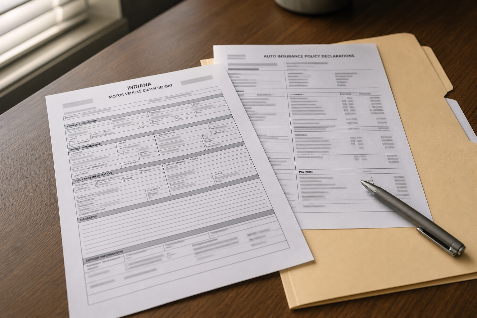 Crash-report and insurance documents representing the policy-limit and underinsured motorist issues that can follow a multi-vehicle Indiana accident.