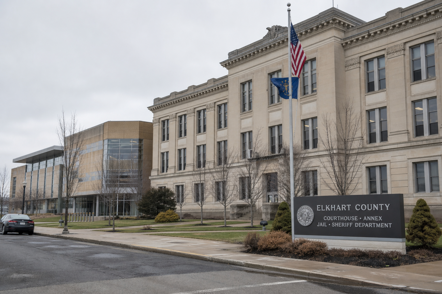 Elkhart County civic buildings representing the local investigation and claim process after the U.S. 20 and S.R. 15 crash.