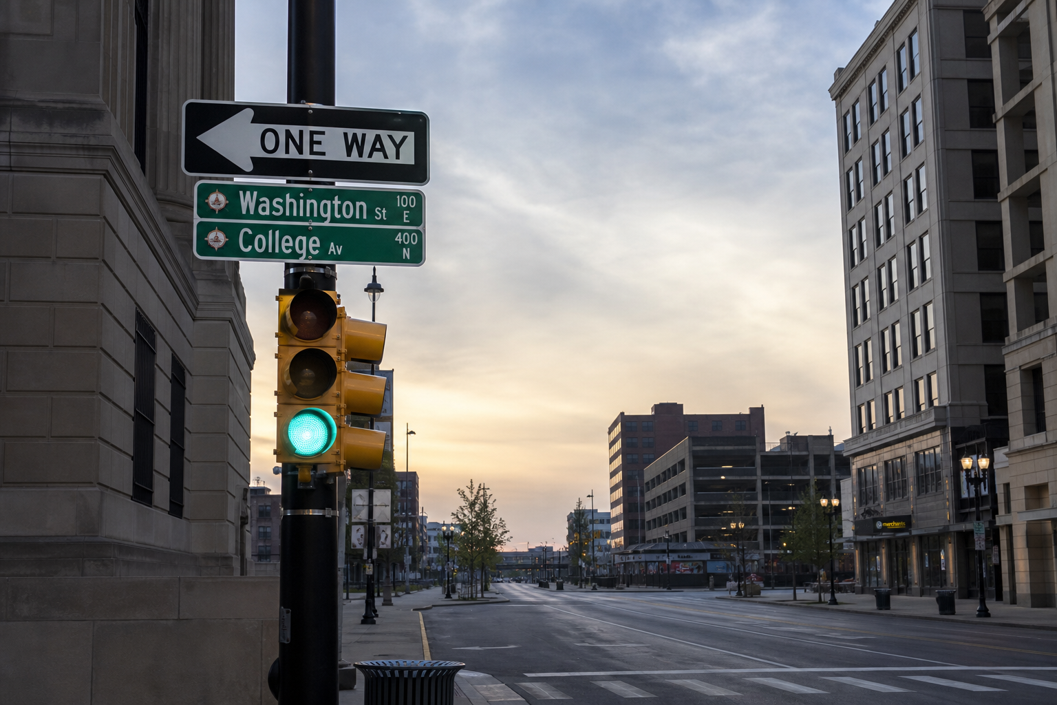 One-way signage and traffic signals near East Washington Street and College Avenue in Indianapolis, relevant to the reported wrong-way crash.