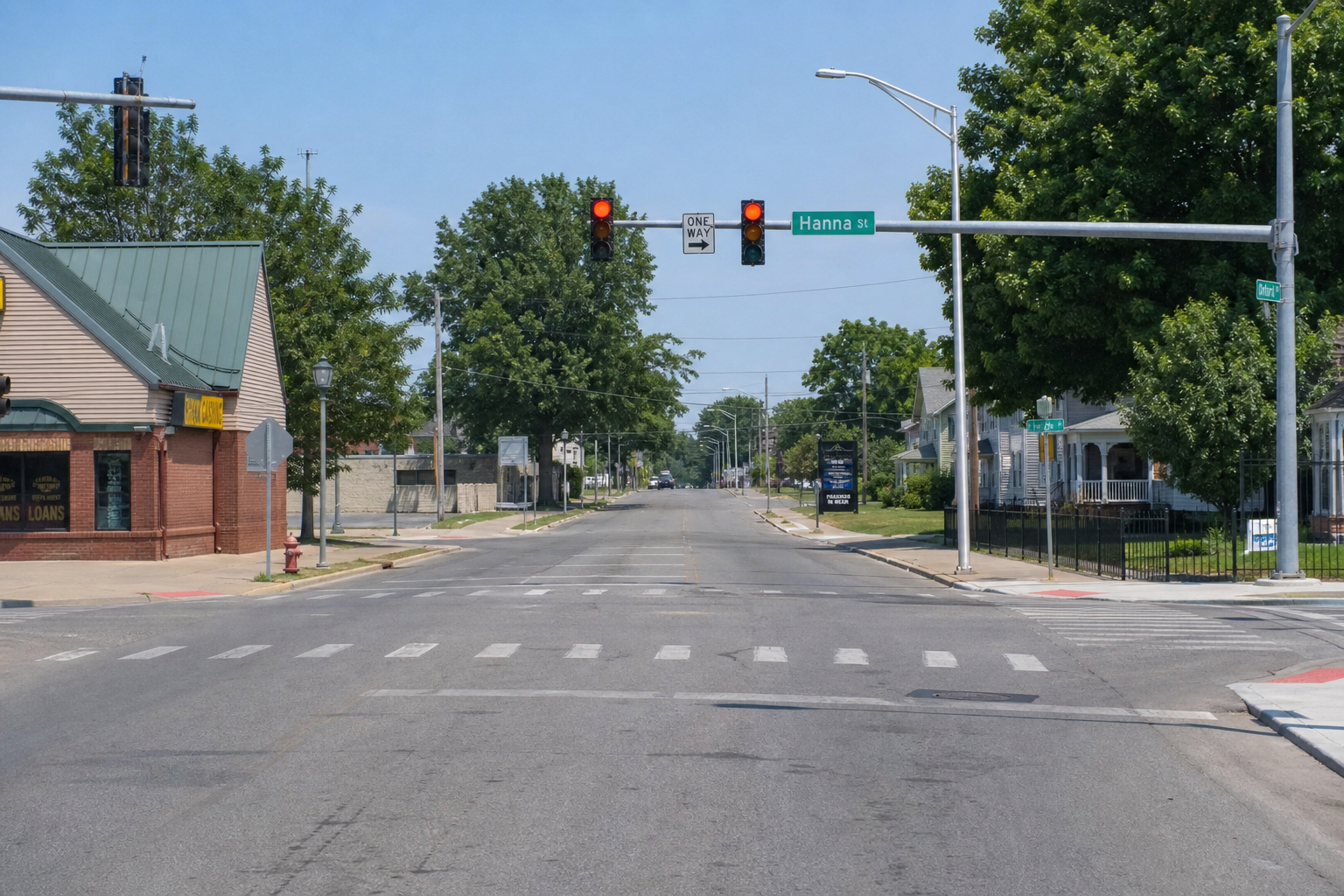 Crosswalk and traffic signals near Hanna Street and East Maple Grove Avenue in south Fort Wayne, relevant to the reported child pedestrian crash.