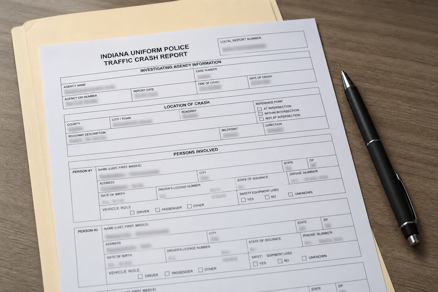 A redacted Indiana crash-report document representing the records and evidence families may seek after a Fort Wayne pedestrian collision.