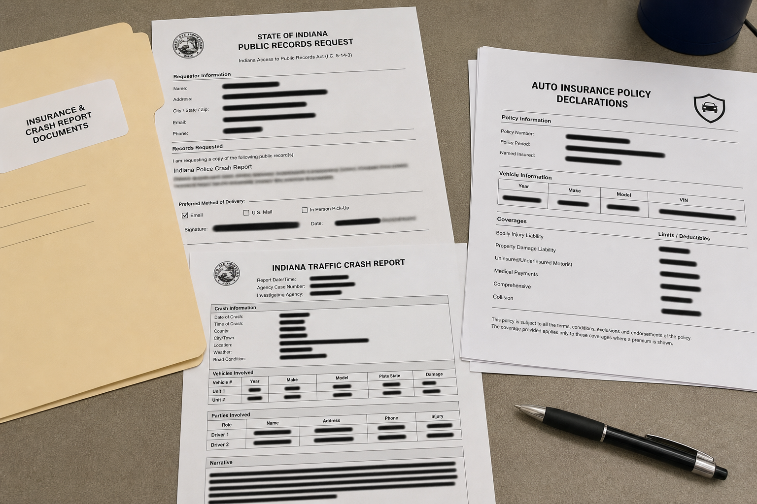 Crash report and auto insurance documents illustrating evidence and UM/UIM coverage issues after a Knox County collision.