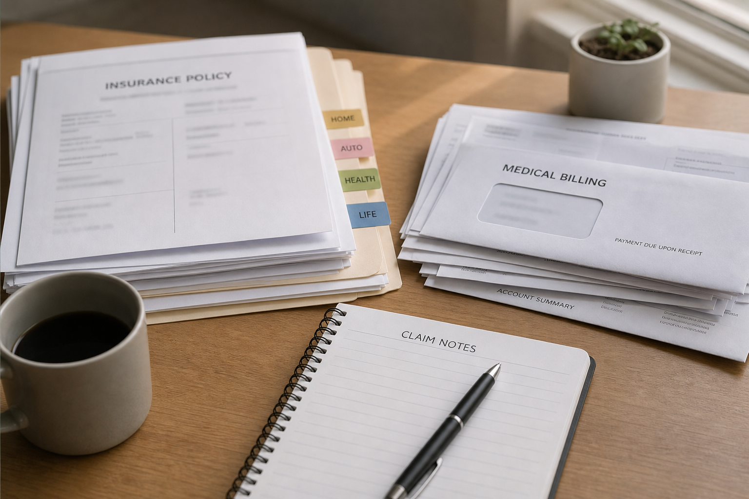 Insurance and medical-claim documents representing the liability, health coverage, and UM/UIM issues facing passengers injured in the Michigan City crash.