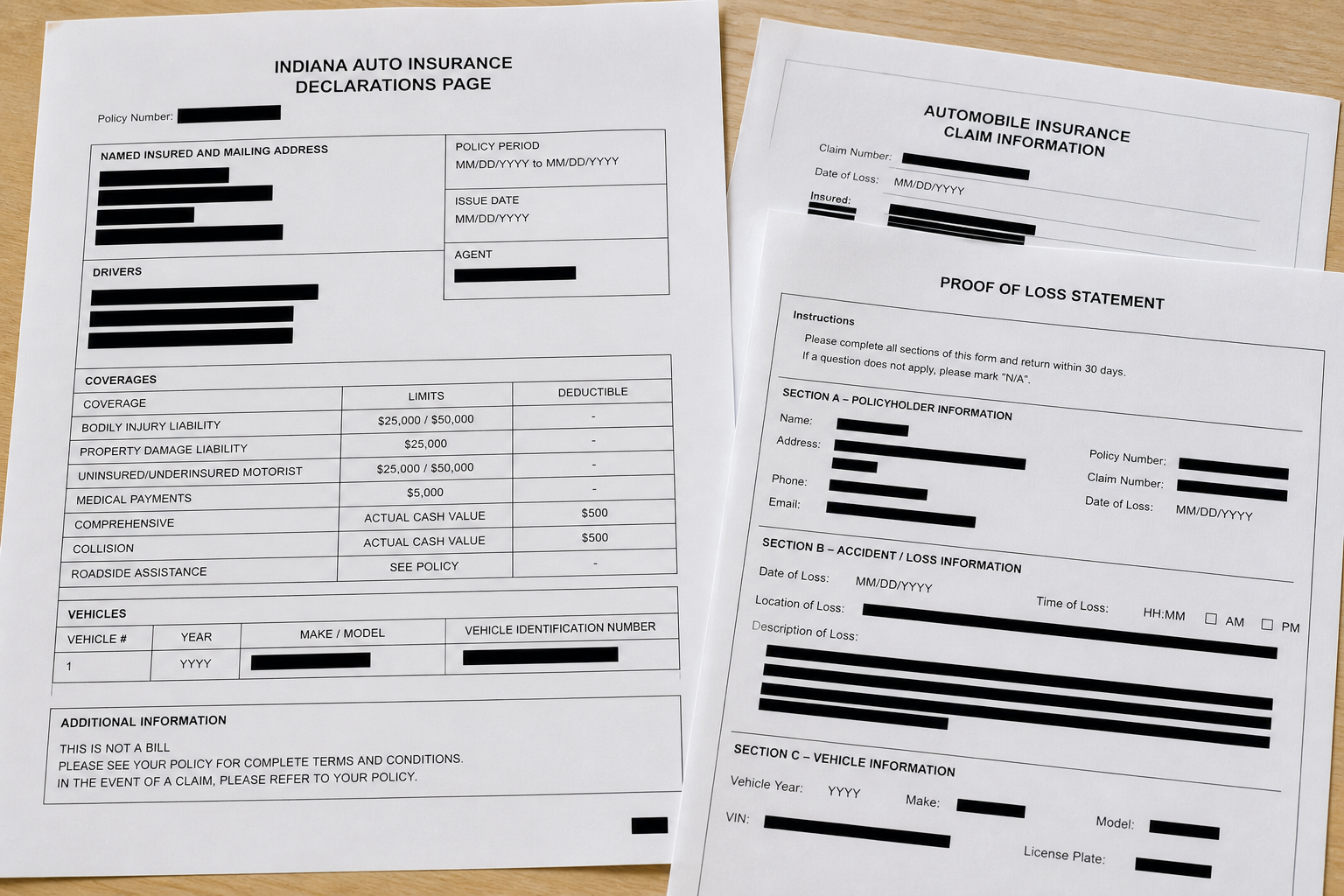 Generic auto insurance declarations and claim documents illustrating shared liability limits and UM/UIM coverage after an Indiana crash.