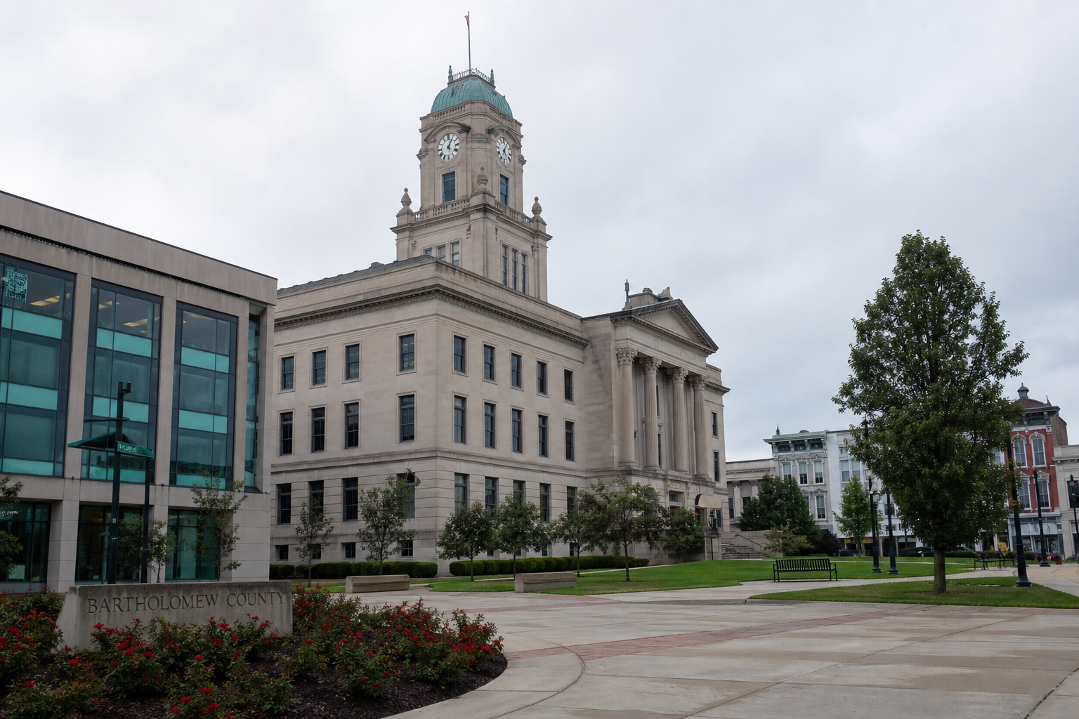 Bartholomew County public-building exterior in Columbus, relevant to records and potential court proceedings after a fatal county crash.