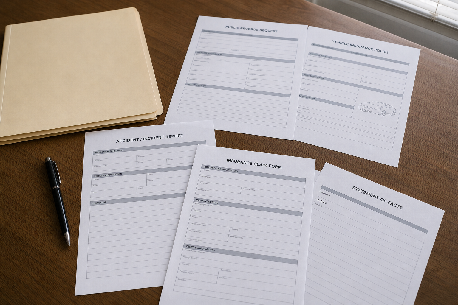 Crash investigation and auto insurance documents illustrating wrongful death deadlines and underinsured motorist coverage after a fatal Indiana motorcycle crash.