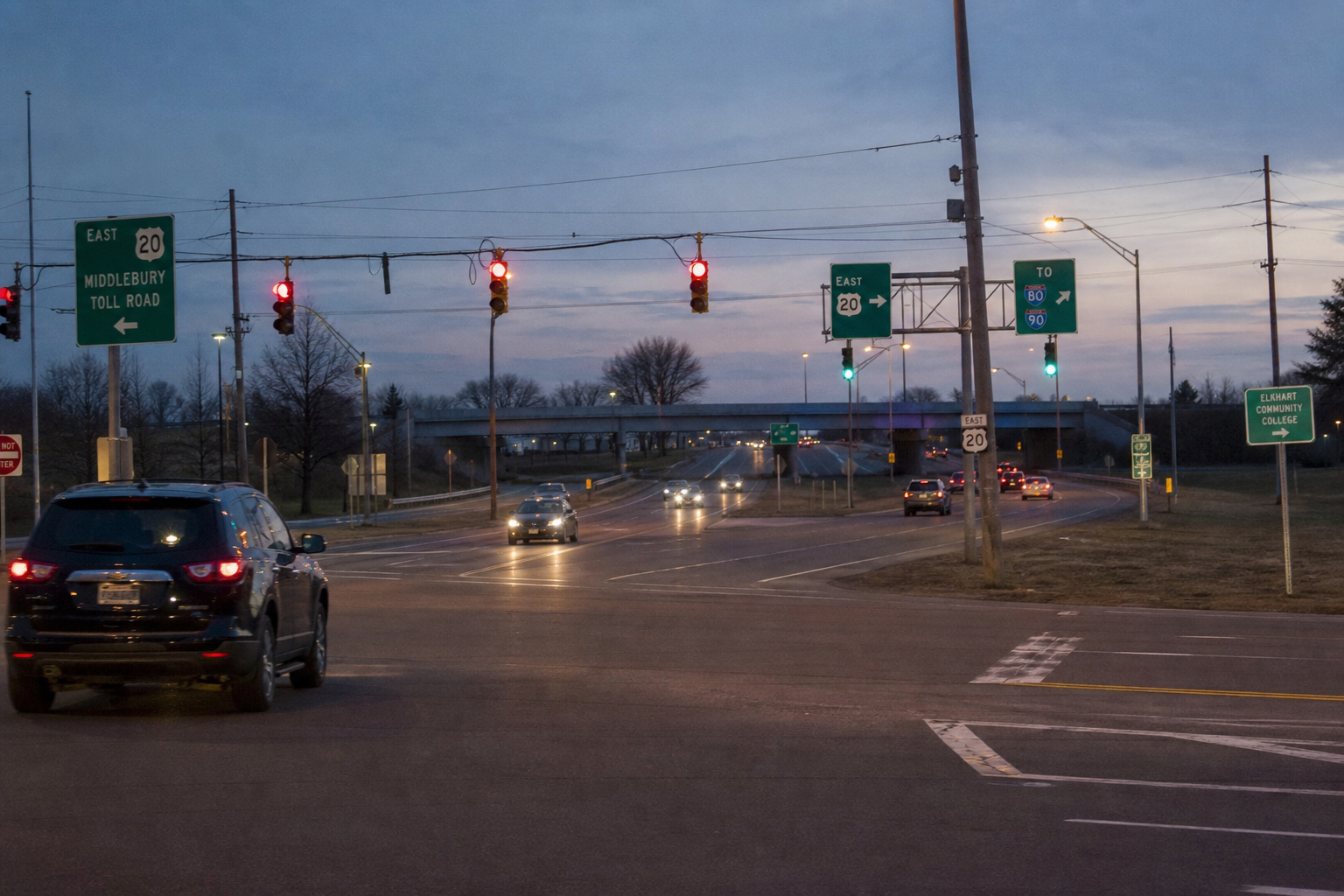 Highway ramp terminal and turning lanes near South Main Street and U.S. 20 in Elkhart, relevant to the motorcycle and semi crash investigation.