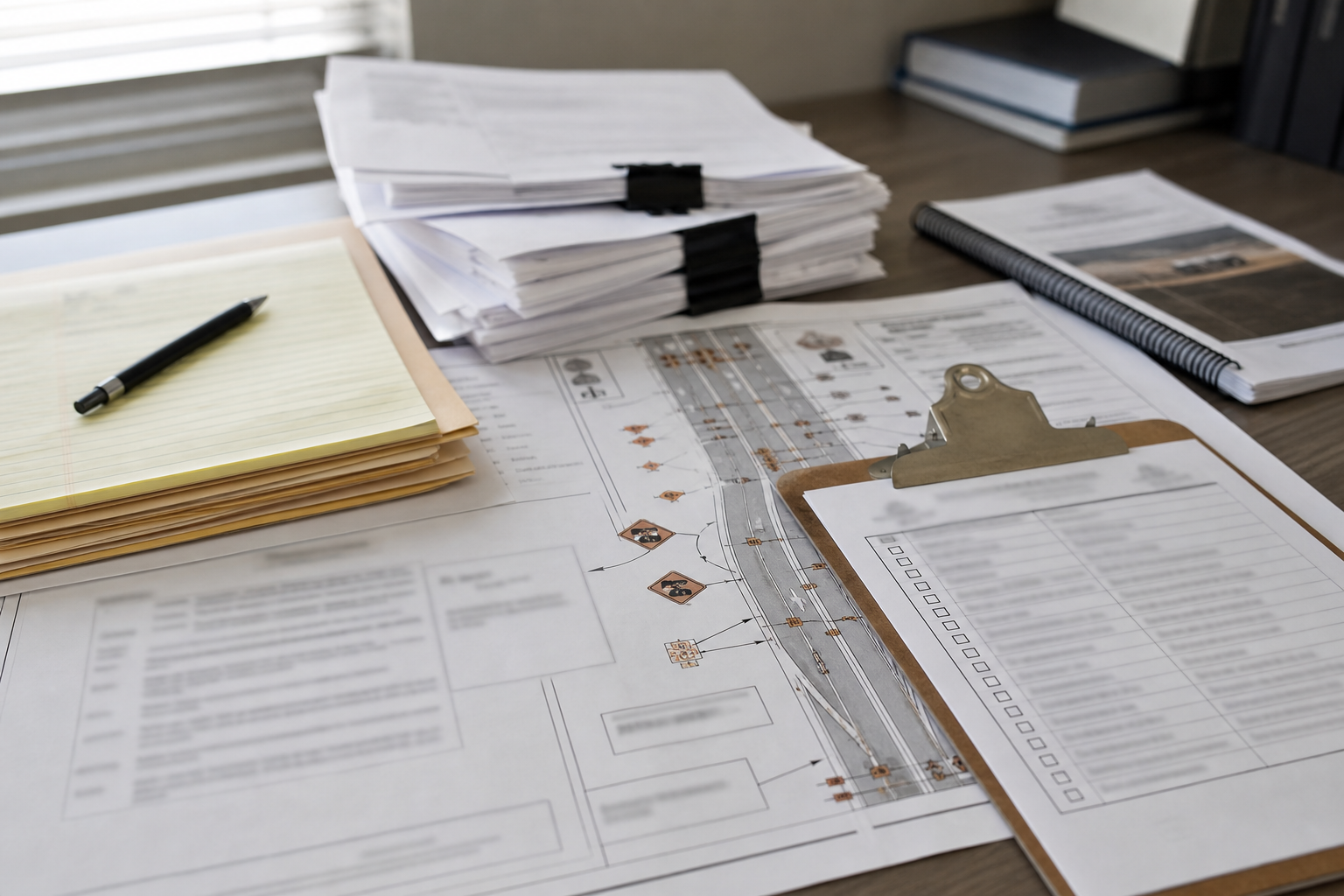 Traffic-control plans and inspection records representing evidence that may matter in an Indiana work-zone crash investigation.