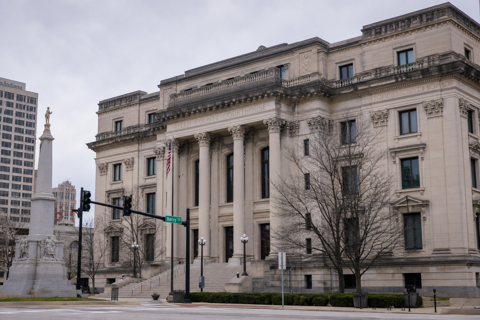 Allen County Courthouse in Fort Wayne, relevant to potential local government notice and wrongful death issues after a work-zone crash.