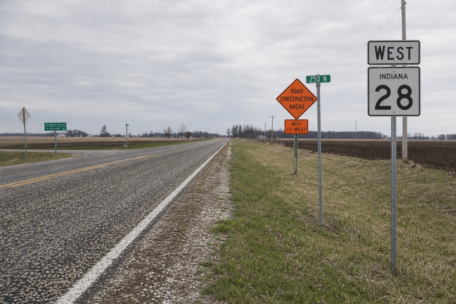 Rural State Road 28 work-zone setting near County Road 125 West in Tippecanoe County, where a motorcyclist was seriously injured.