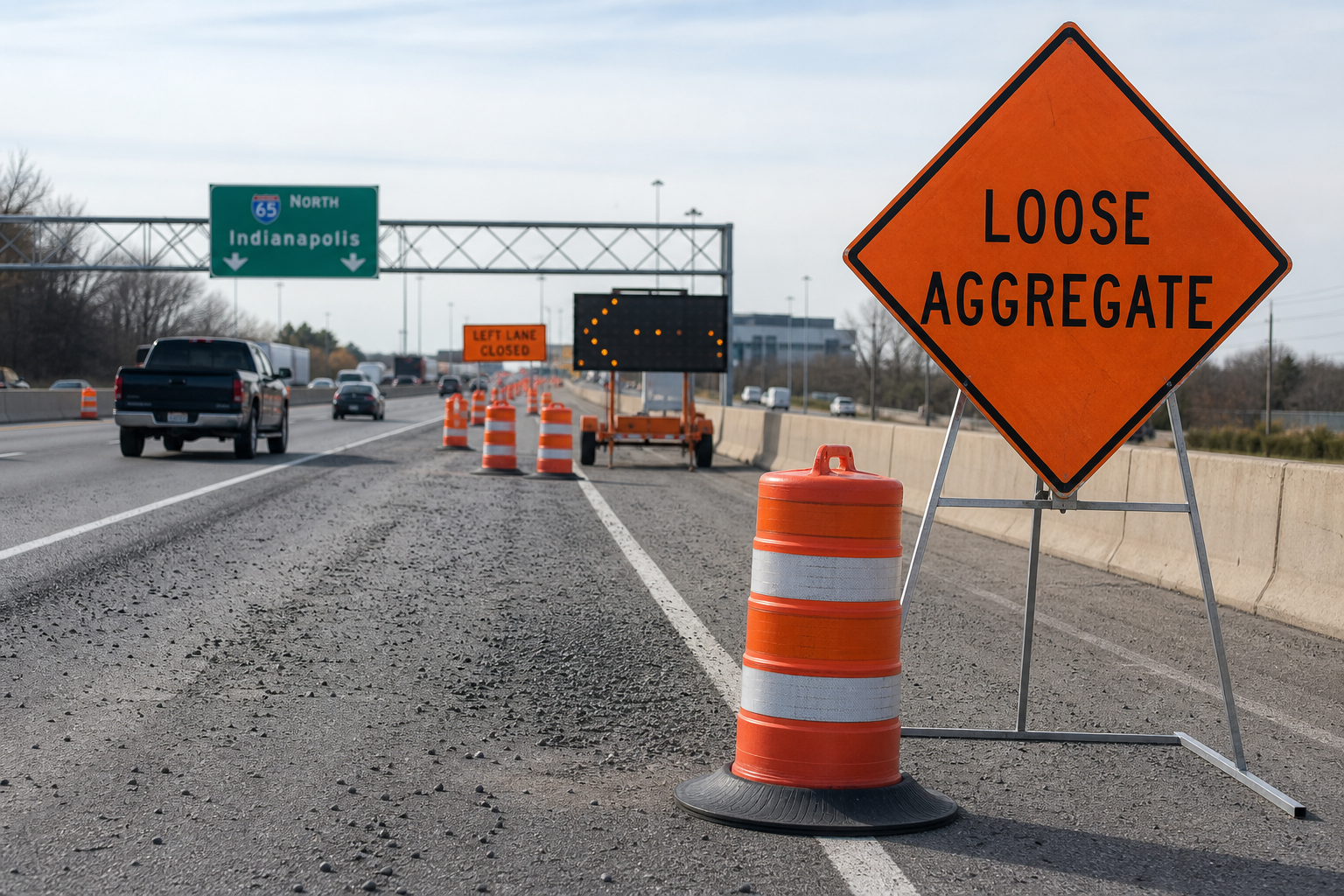 Loose aggregate, warning signs, and traffic-control equipment in an Indiana chip-and-seal work zone, evidence that may matter after a motorcycle crash.
