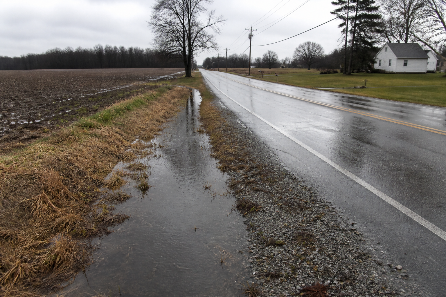 Wet pavement and roadside drainage on a rural DeKalb County road, illustrating conditions relevant to a hydroplaning investigation.