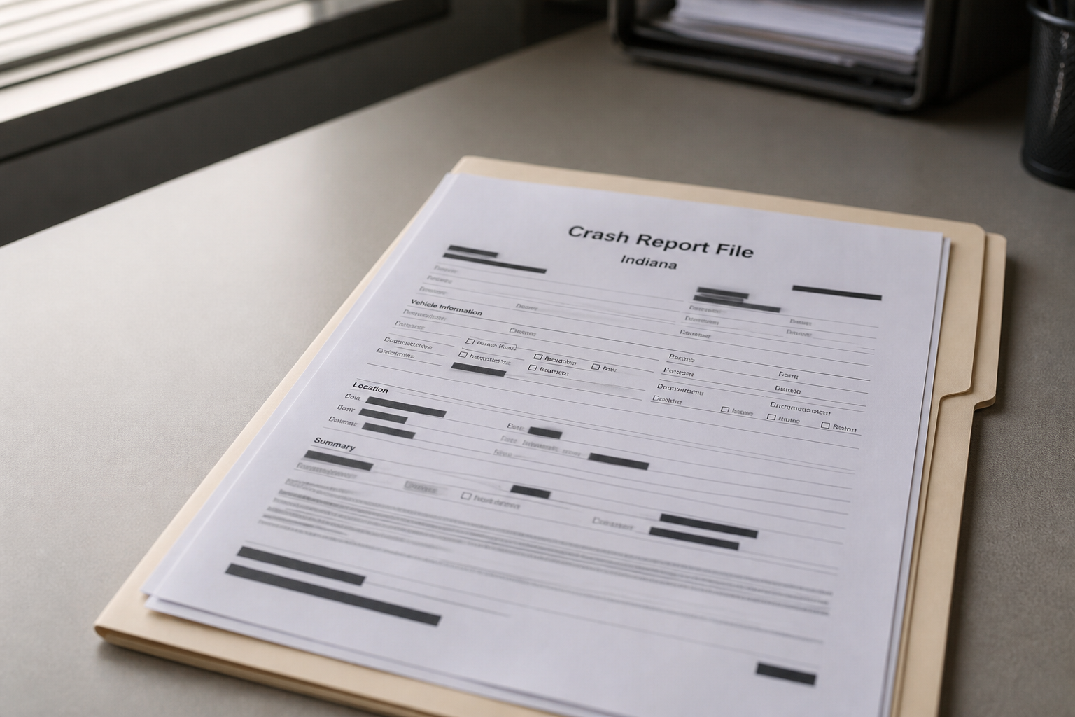Generic Indiana crash-report documents representing the DeKalb County Sheriff's Office investigation into the County Road 39 collision.