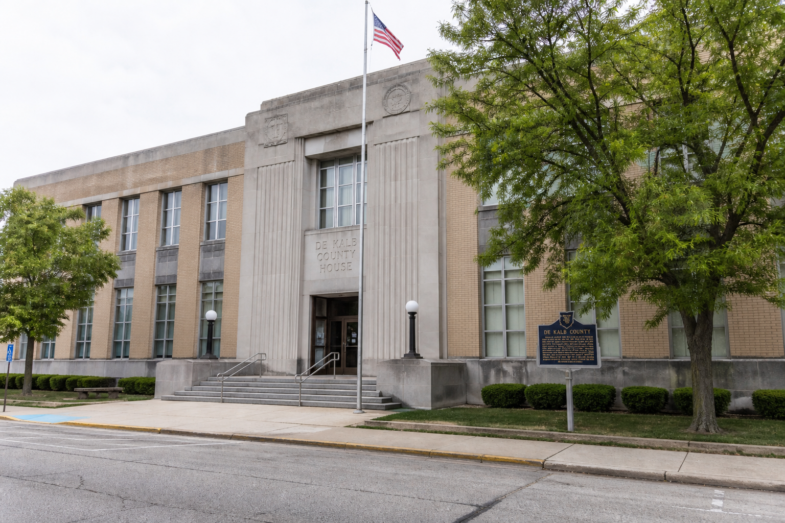 County courthouse setting in DeKalb County, relevant to legal and filing issues after the Smithfield Township crash.