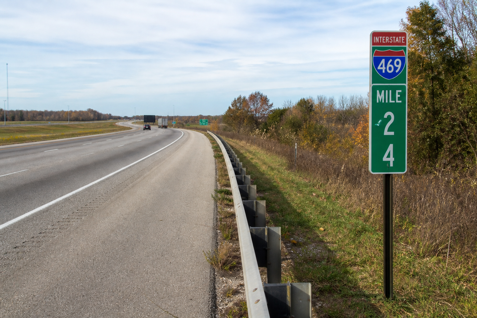 Interstate 469 roadway and mile marker in Allen County, where a wrong-way head-on collision was reported.