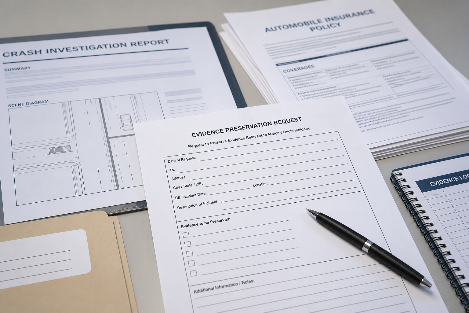 Crash investigation and insurance documents representing evidence preservation and claim review after the Allen County I-469 collision.