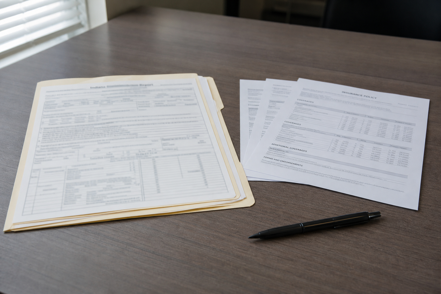 Crash report and insurance documents representing the estate, liability coverage, and UM/UIM issues that can follow an Indiana fatal crash.