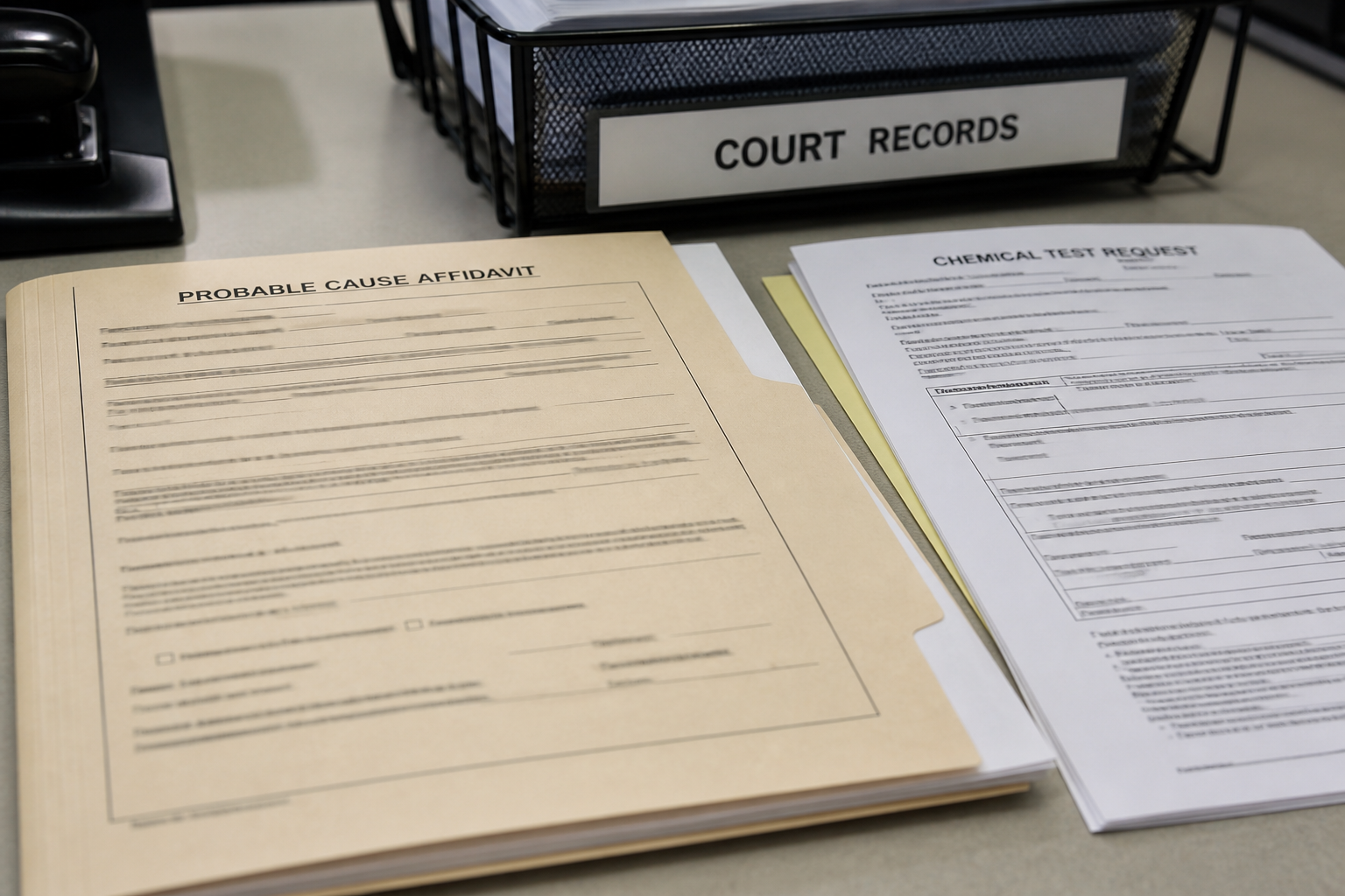 Generic public court records representing the probable cause affidavit and chemical test evidence reported in the Lake Station parade case.