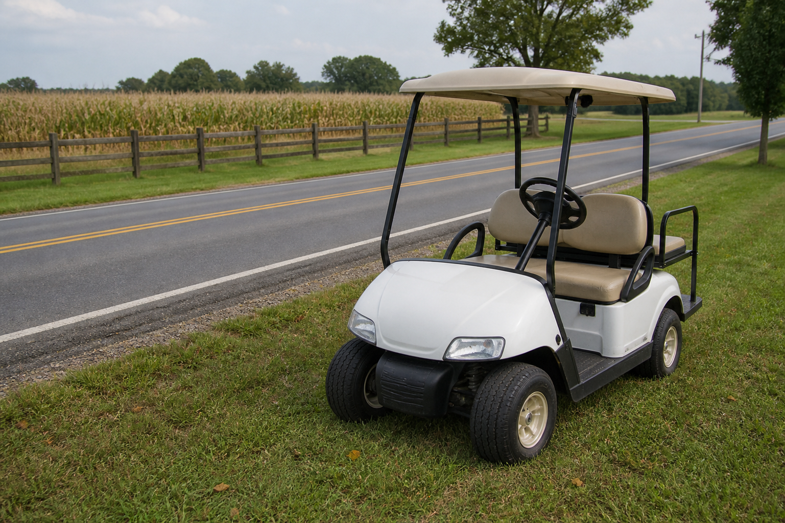 A golf cart parked off a county road, illustrating St. Joseph County restrictions on golf carts using public roads and sidewalks.