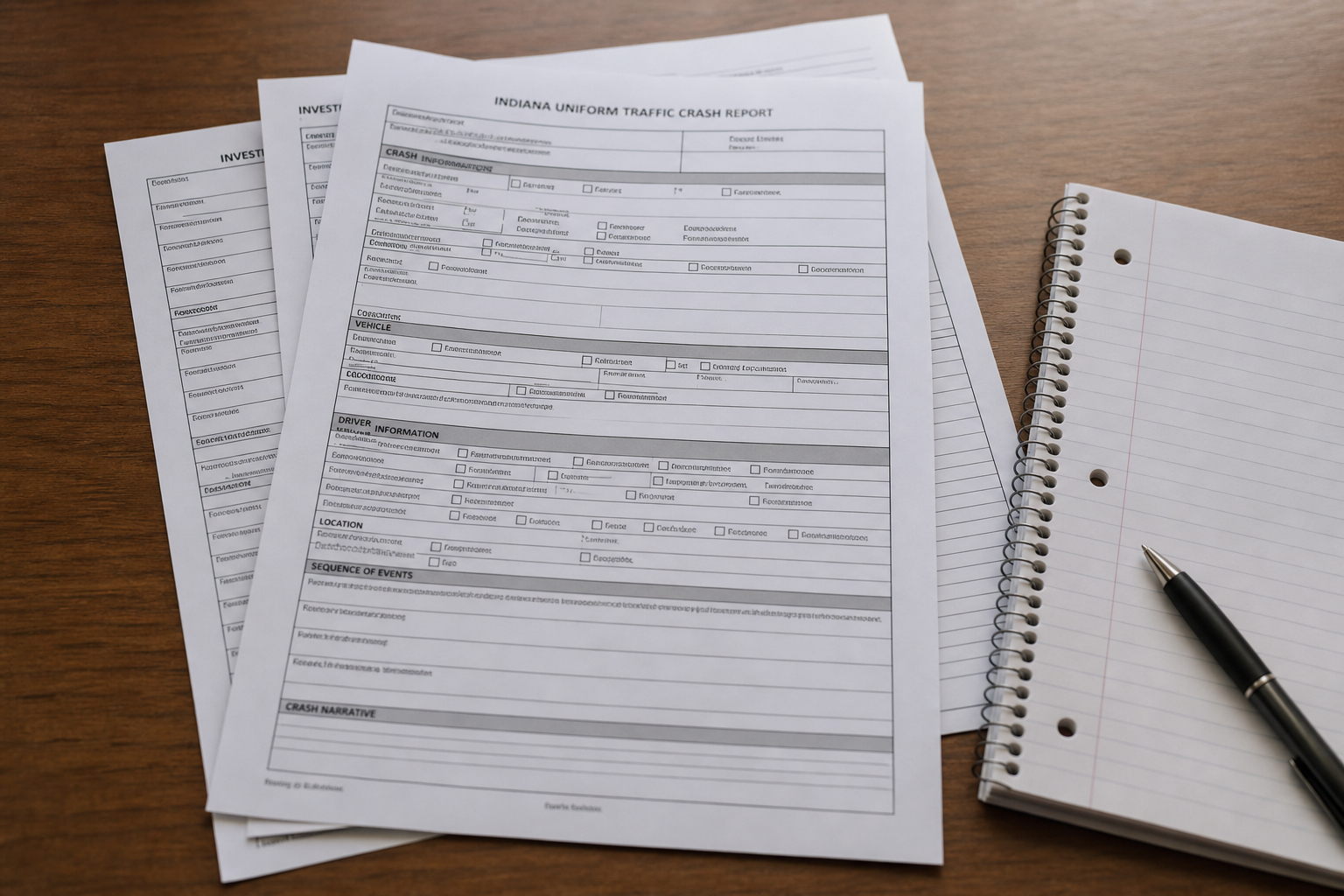 Generic Indiana crash-report materials representing records and evidence that may matter after an Evansville collision.
