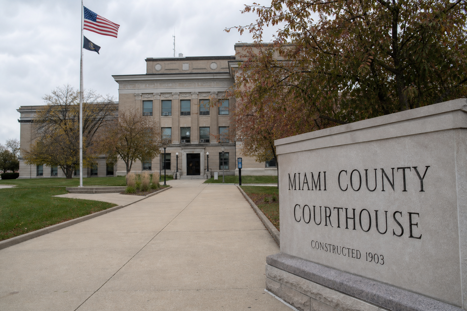 An Indiana county government building representing the notice and records issues that may arise after a school bus crash in Clark County.