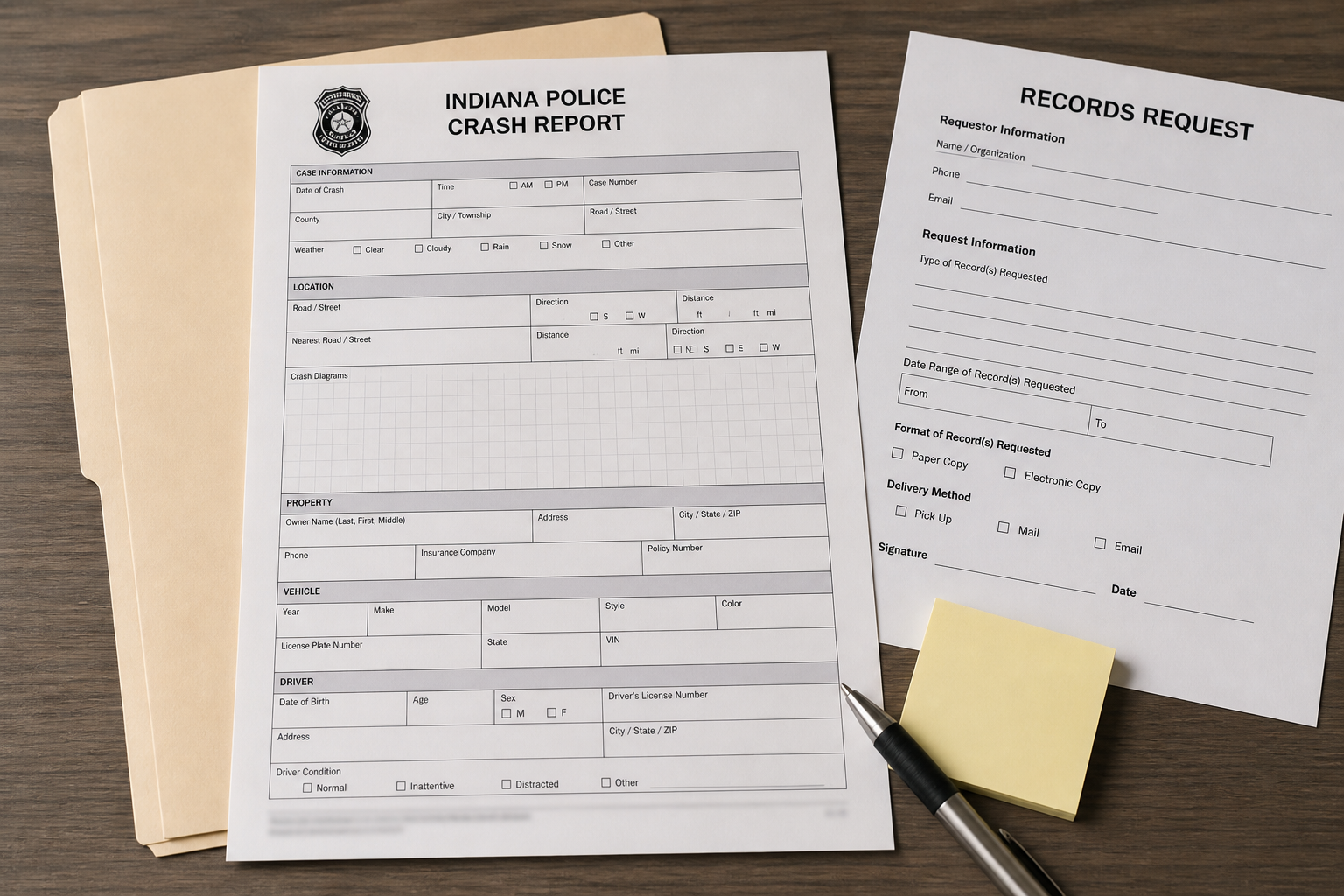 Indiana crash report materials representing records and evidence that may matter after a Gibson County intersection collision.