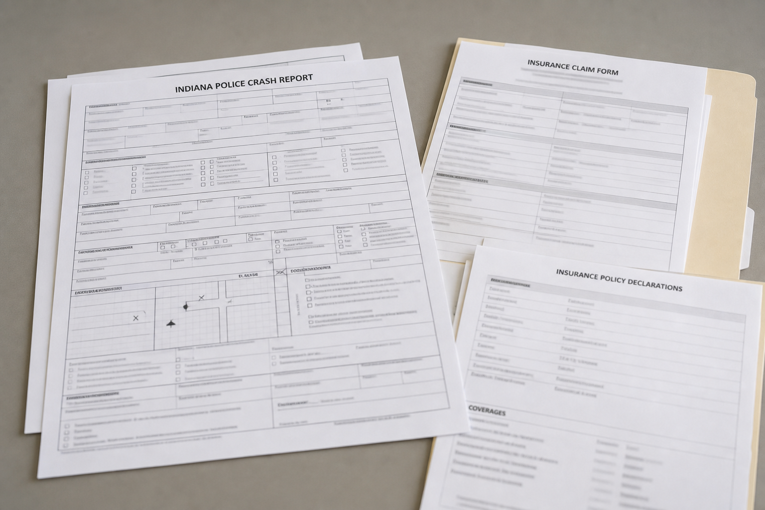 Crash-report and insurance documents representing records that may matter after an Indiana vehicle crash.