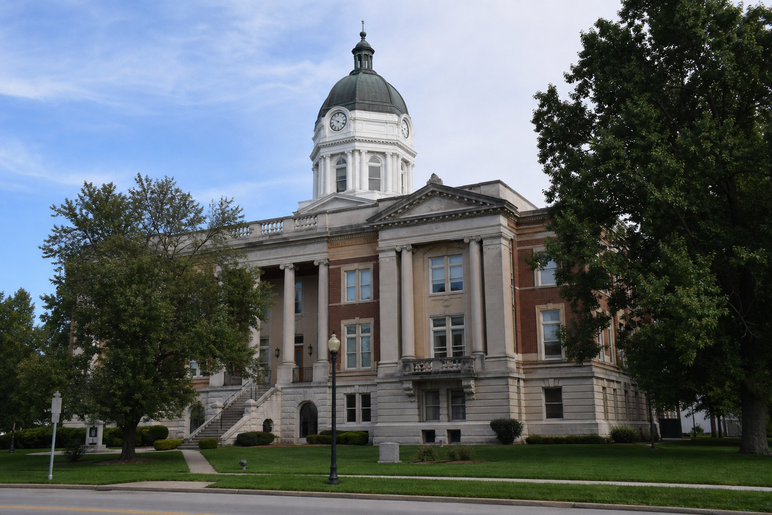 A southern Indiana county courthouse representing the unresolved Crawford County and Harrison County location in the Milltown crash report.