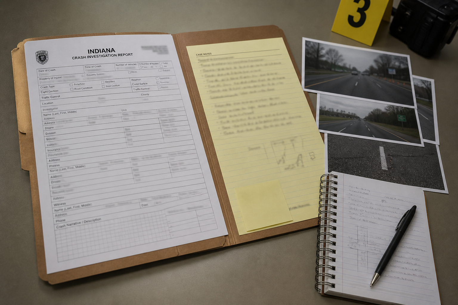 Crash-report and evidence materials illustrating the records that may matter after an Orange County road collision.