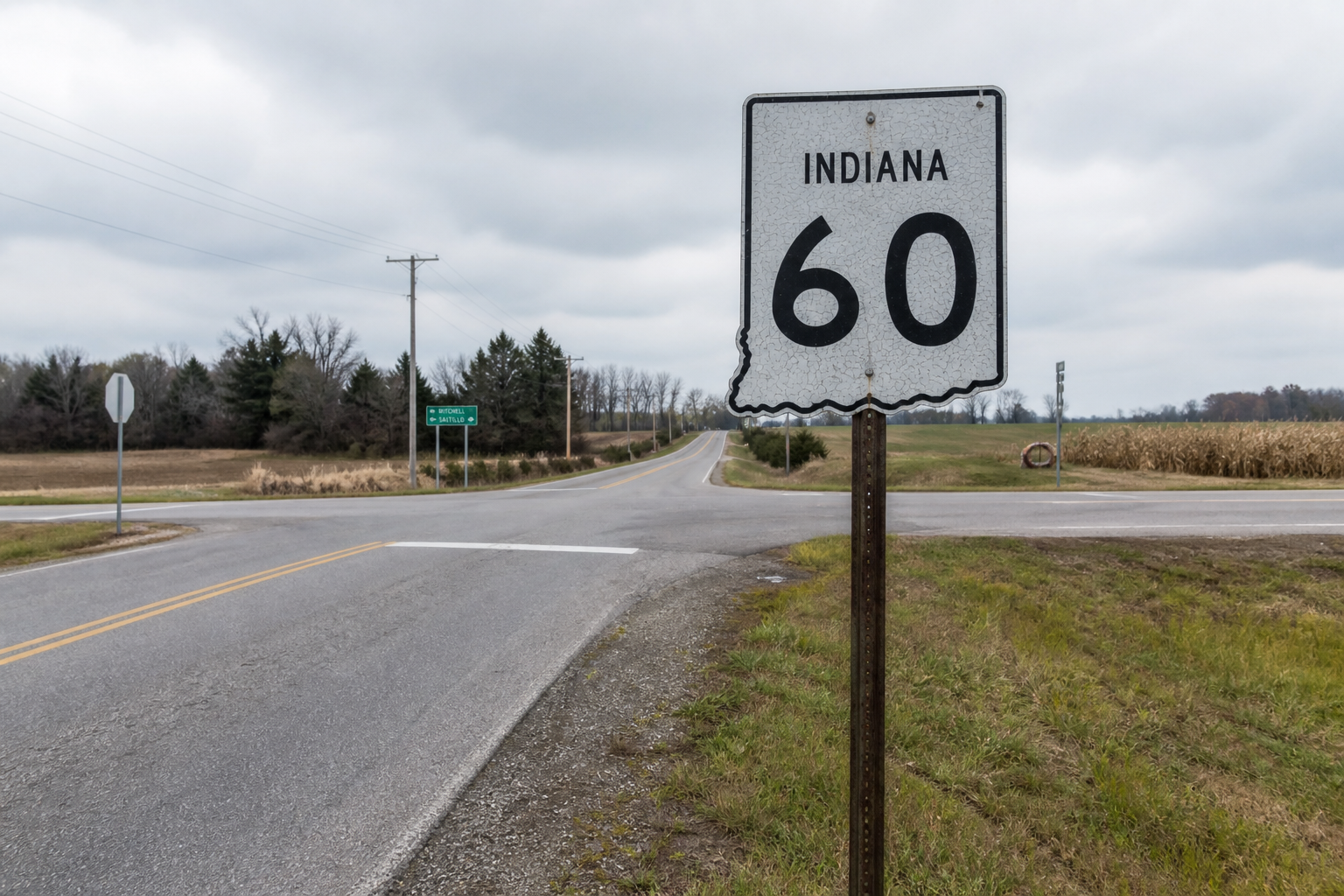 State Road 60 sign near an intersection in Mitchell, Lawrence County, where a multi-vehicle crash with injuries was reported.