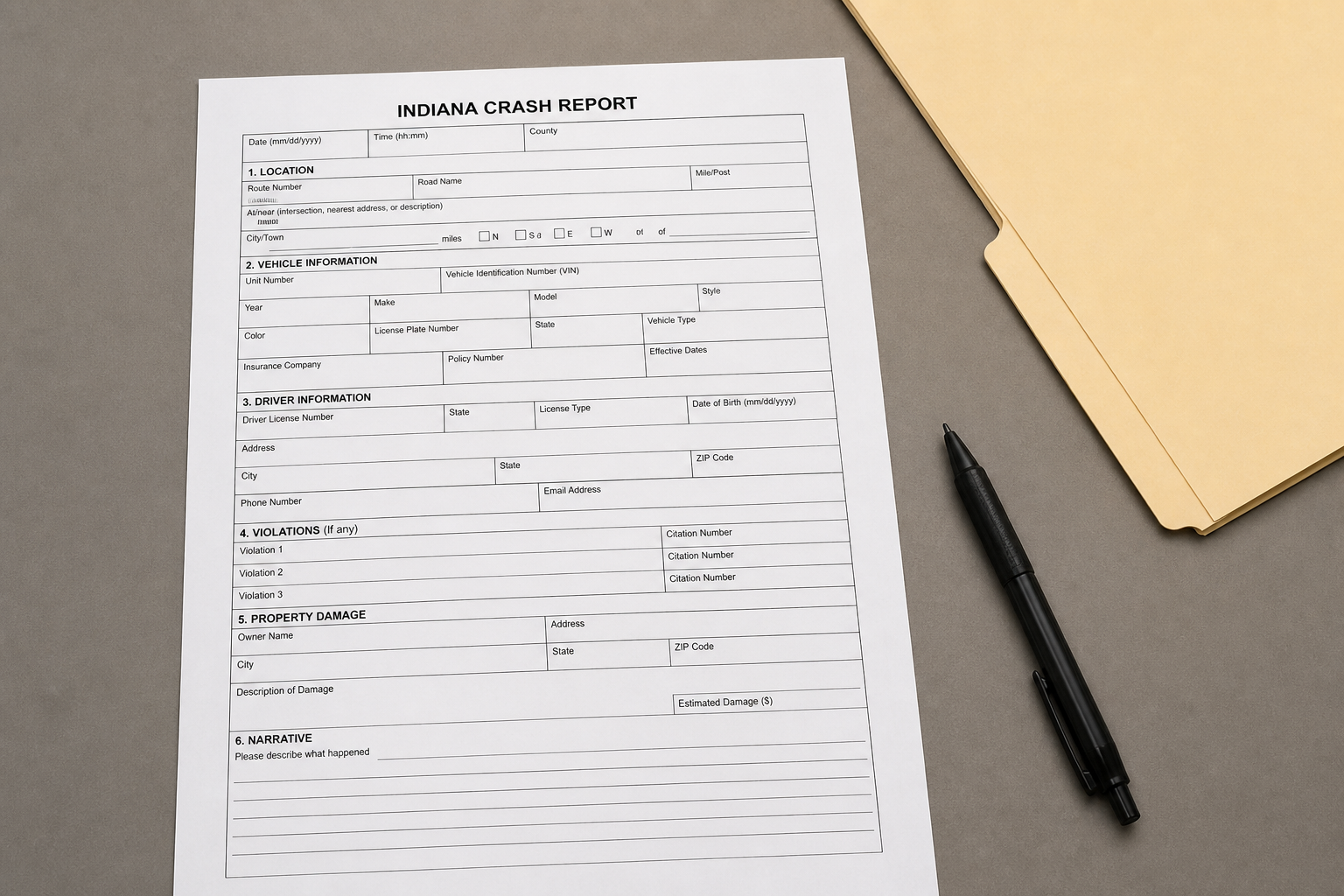 Indiana crash report paperwork representing records that may matter after a multi-vehicle injury crash.
