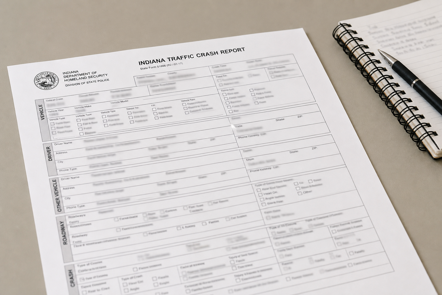 Generic crash-report paperwork illustrating evidence and insurance documentation after a Parke County hit-and-run.