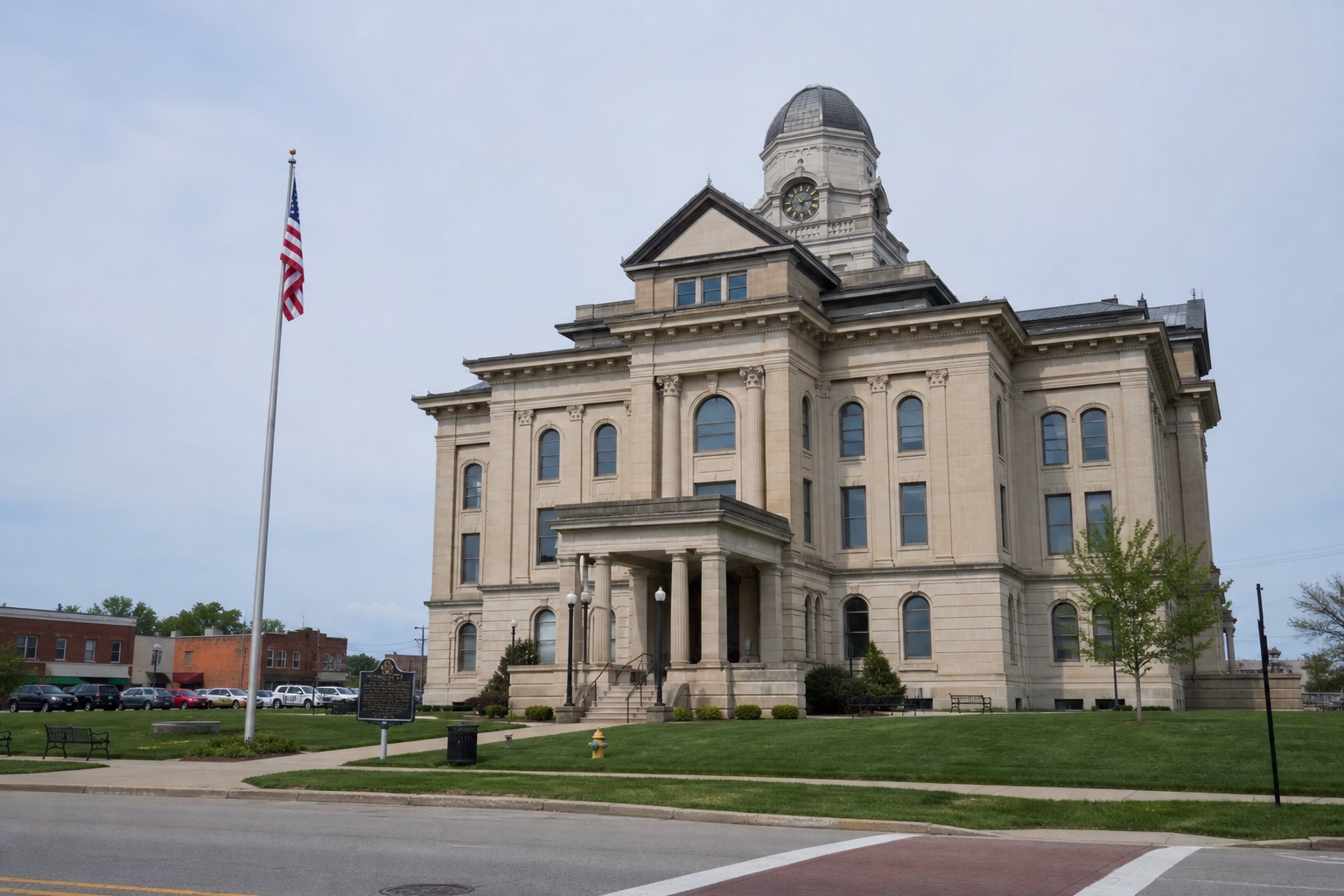 County courthouse setting representing prosecutor review and civil claim procedures following the Parke County crashes.