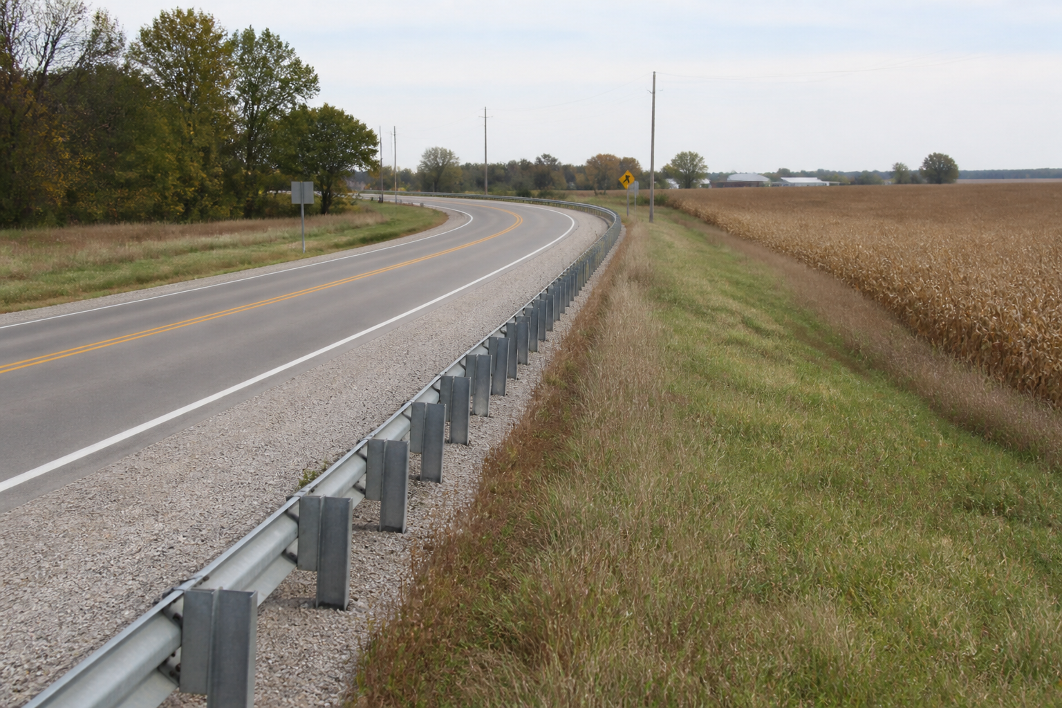 A rural county road guardrail and embankment in Tippecanoe County, relevant to the reported Tyler Road motorcycle crash.