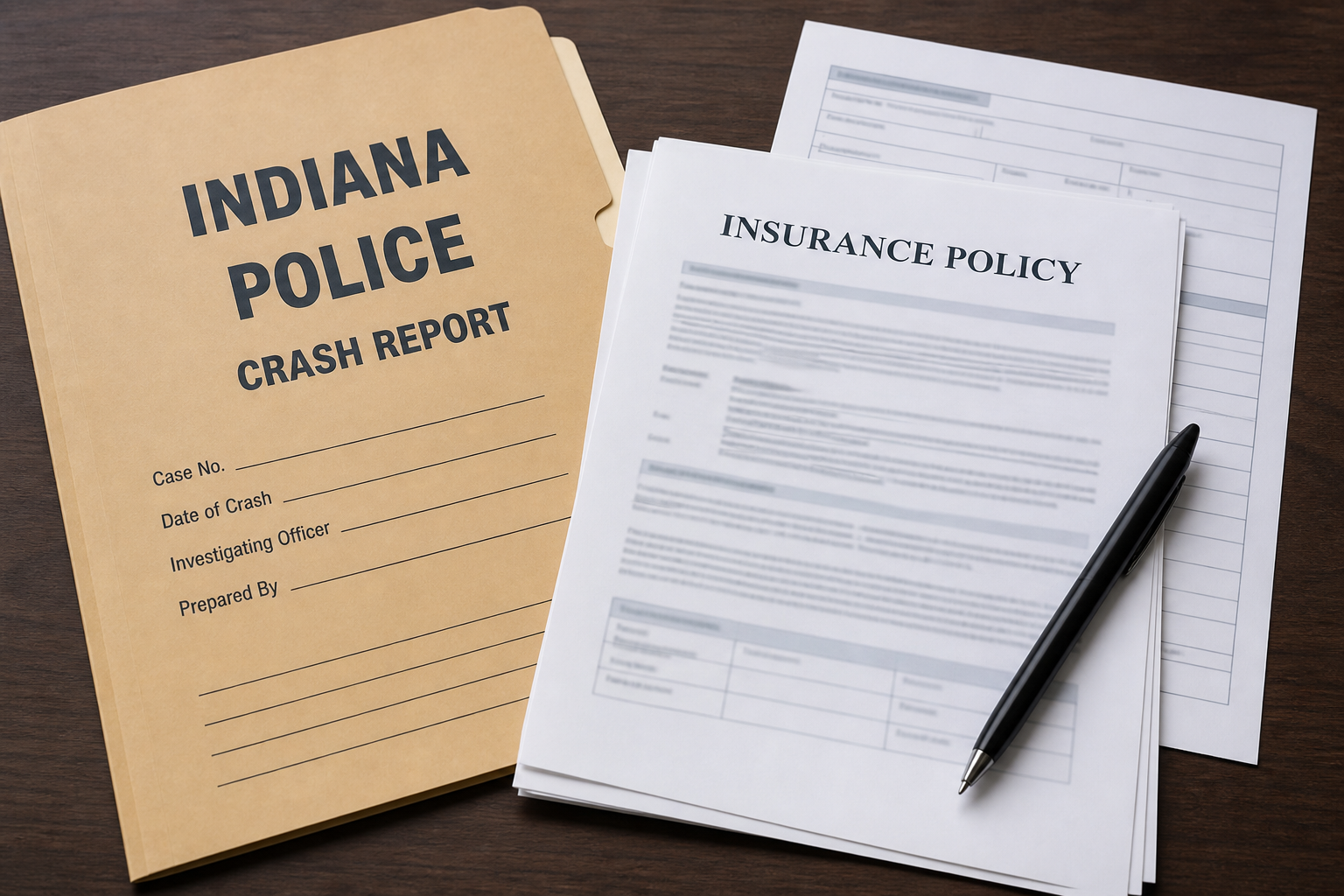Crash-report and insurance documents representing evidence and uninsured motorist issues after an Indiana hit-and-run.