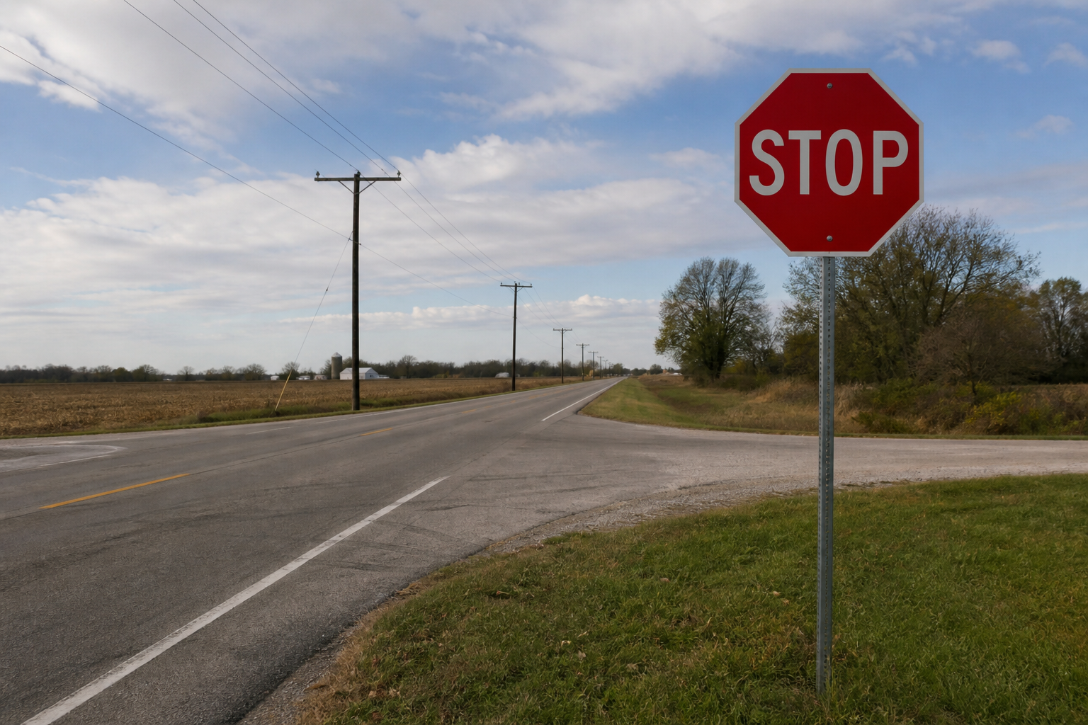 An intact stop sign near a Vigo County roadway, representing the reported U.S. 41 crash investigation near Pimento.